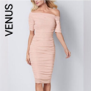 Women's Venus Peach One Shoulder Ruched Dress S off shoulder sheer pink